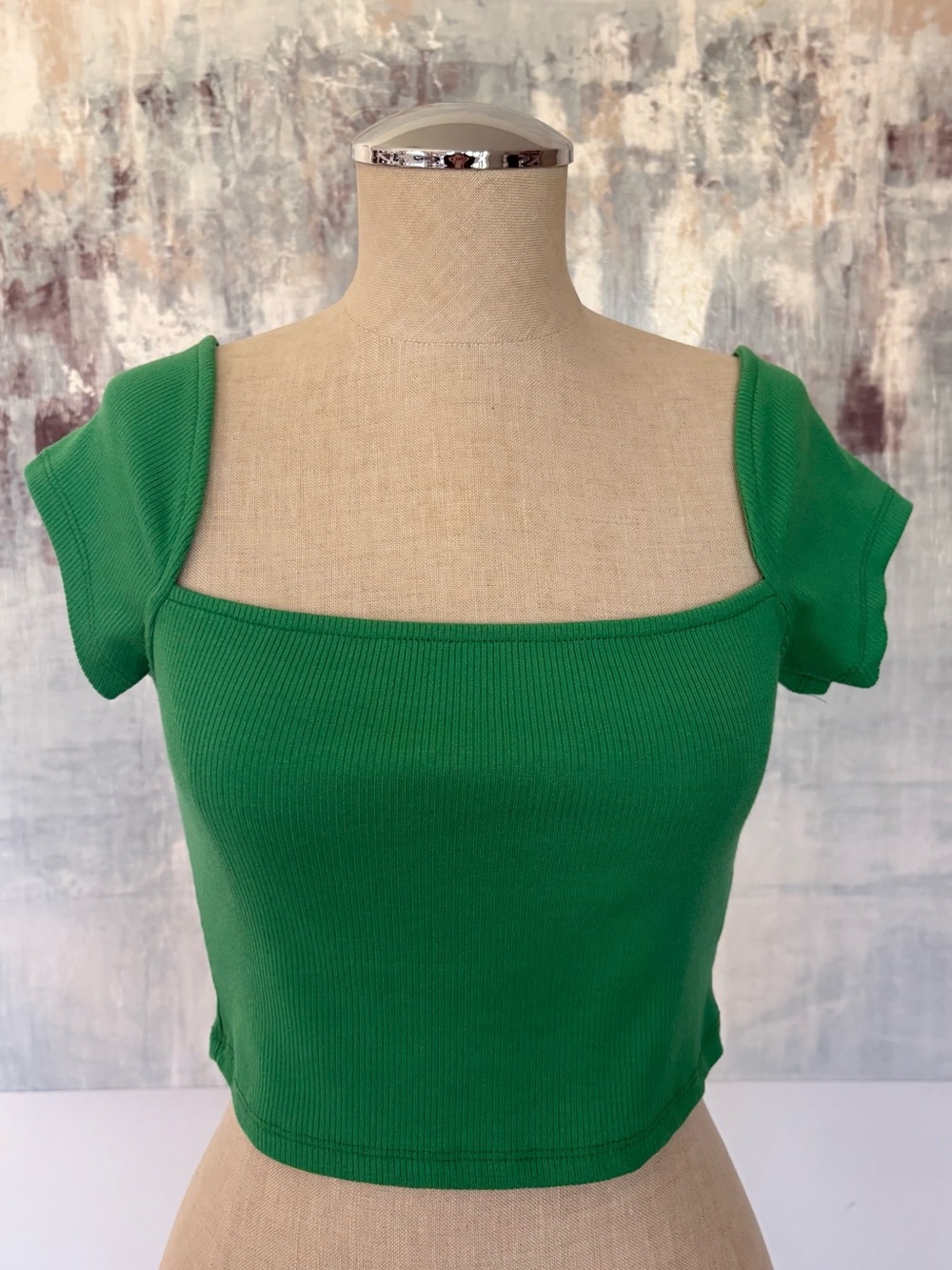 Green Square Neck Ribbed Crop Top